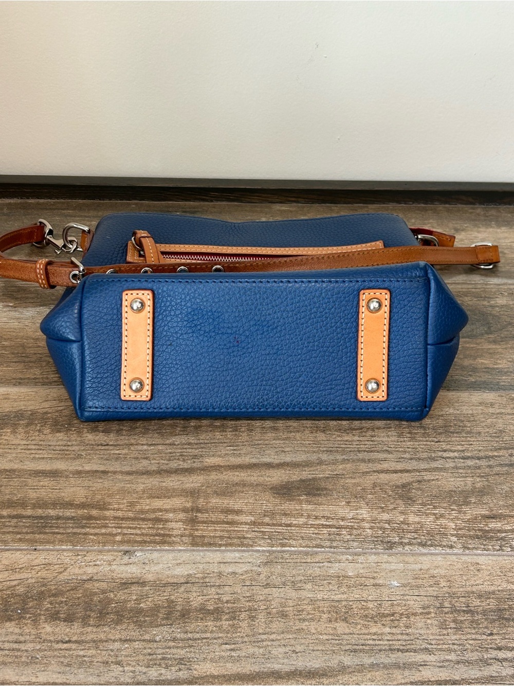 Dooney & Bourke Blue Pebble Leather Crossbody with Tan Trim and Tassel Pockets - Picture 10 of 14